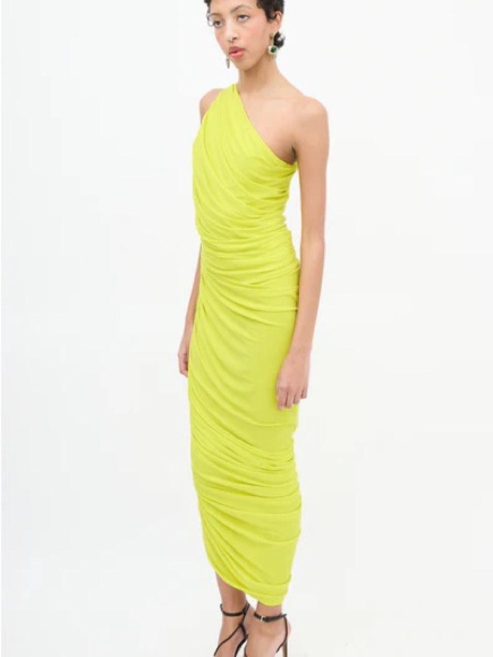 Norma Kamali Diana Gown One-Shoulder Ruched Midi Dress in Lime